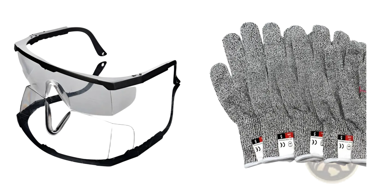 Black-framed safety goggles with clear lenses and transparent face shield for cut resistant hppe safety gloves use