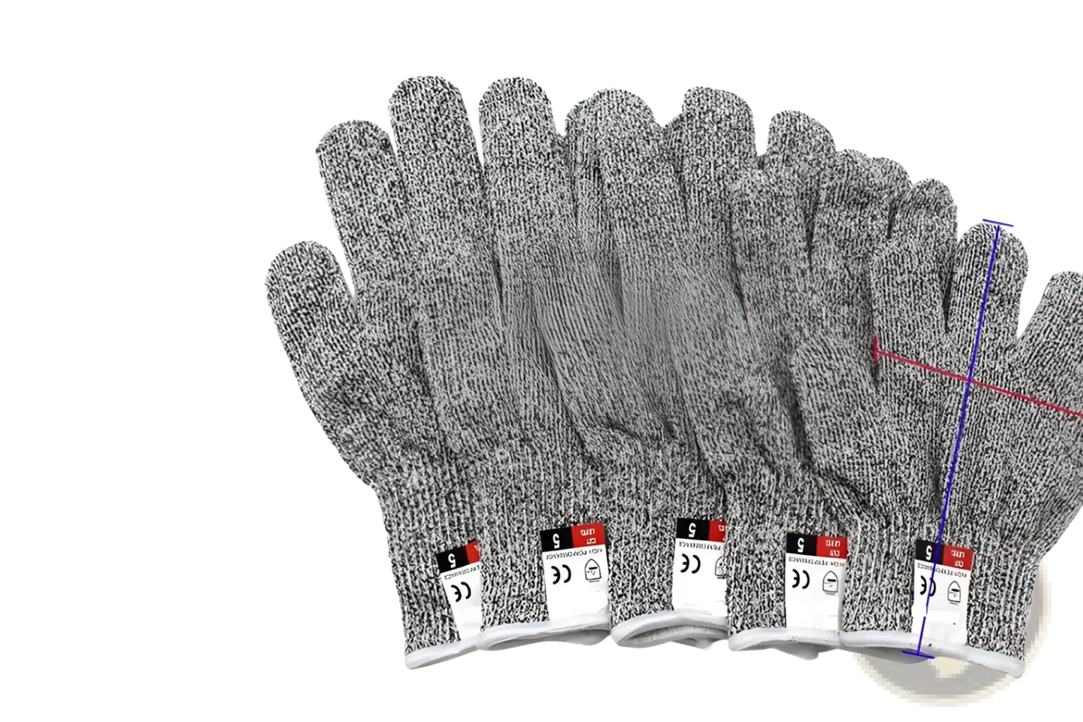 Gray textured cut resistant work gloves with reinforced fingertips and white cuffs for safety and durability