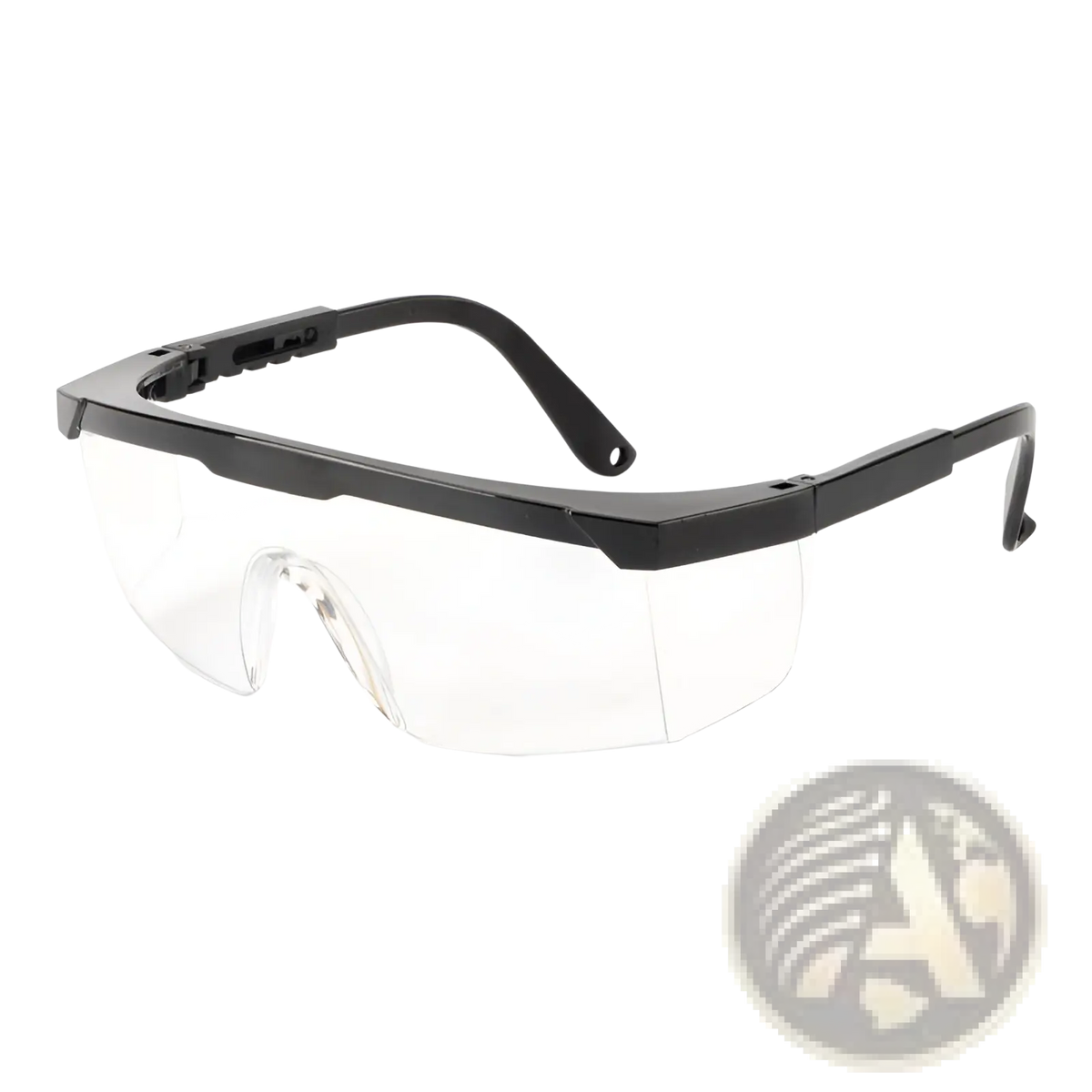 Black-framed safety goggles with clear lenses for eye protection paired with cut resistant HPPE work gloves
