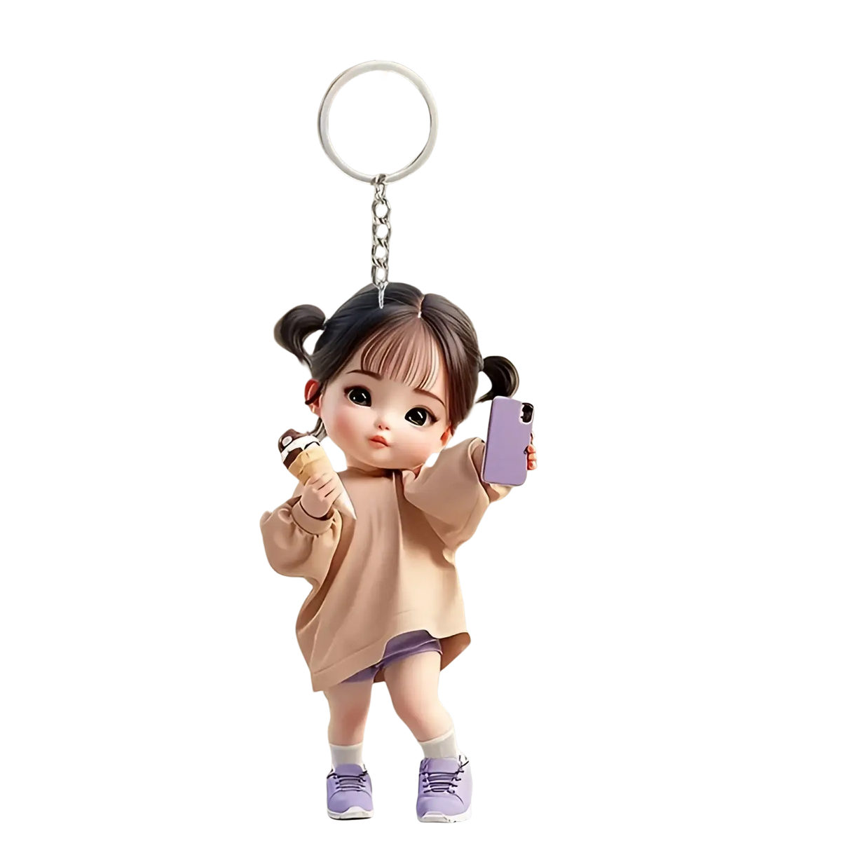 Cute acrylic girl keychain cartoon pendant featuring a pigtail girl in beige sweater and purple shorts holding ice cream and phone