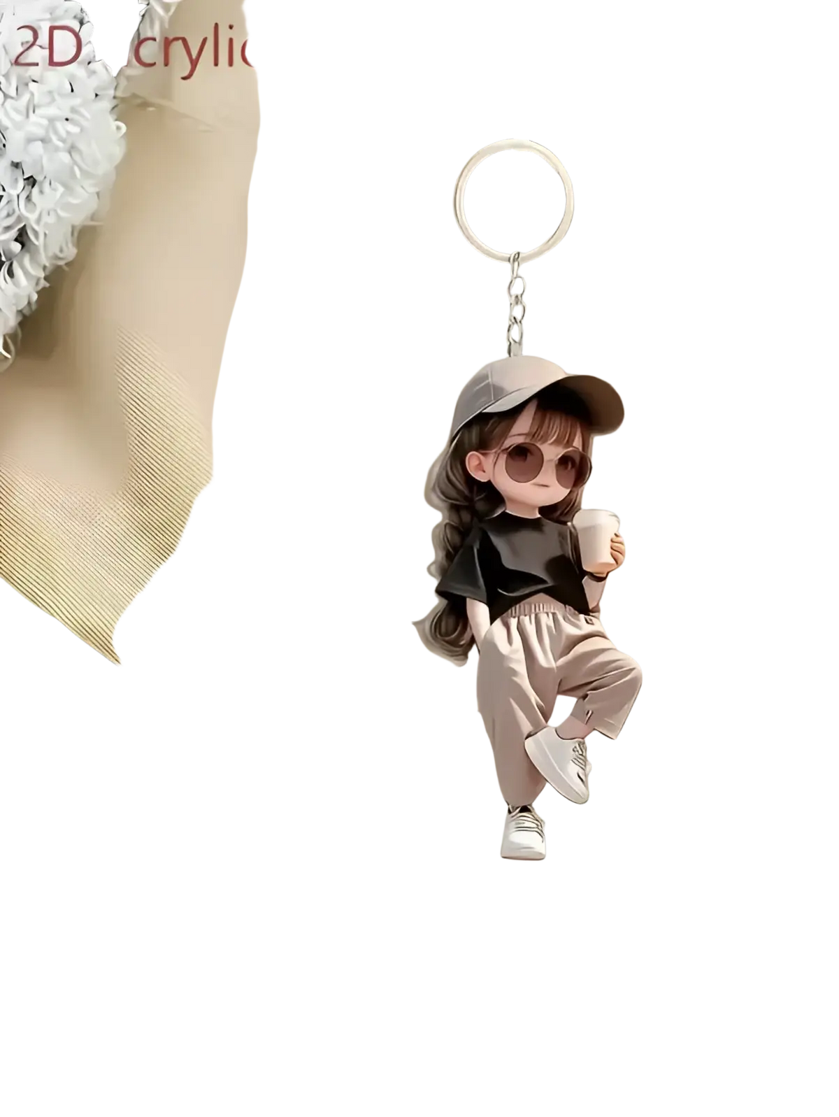 Cute acrylic girl keychain featuring a 2d cartoon pendant of a girl in gray cap sunglasses black top and beige pants holding coffee