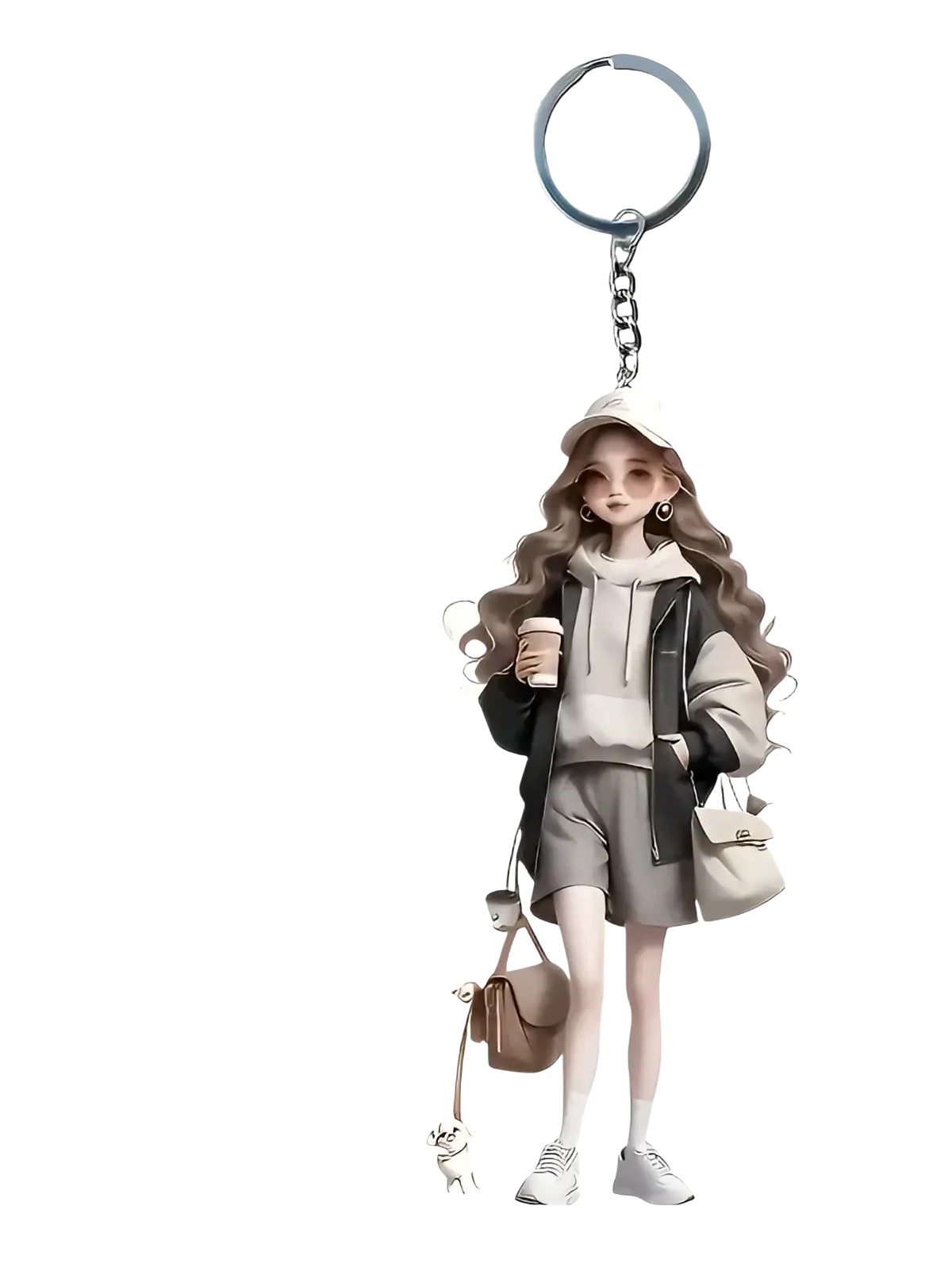 A 2d acrylic flat keychain featuring a stylized cartoon girl with long wavy hair and neutral layered outfit