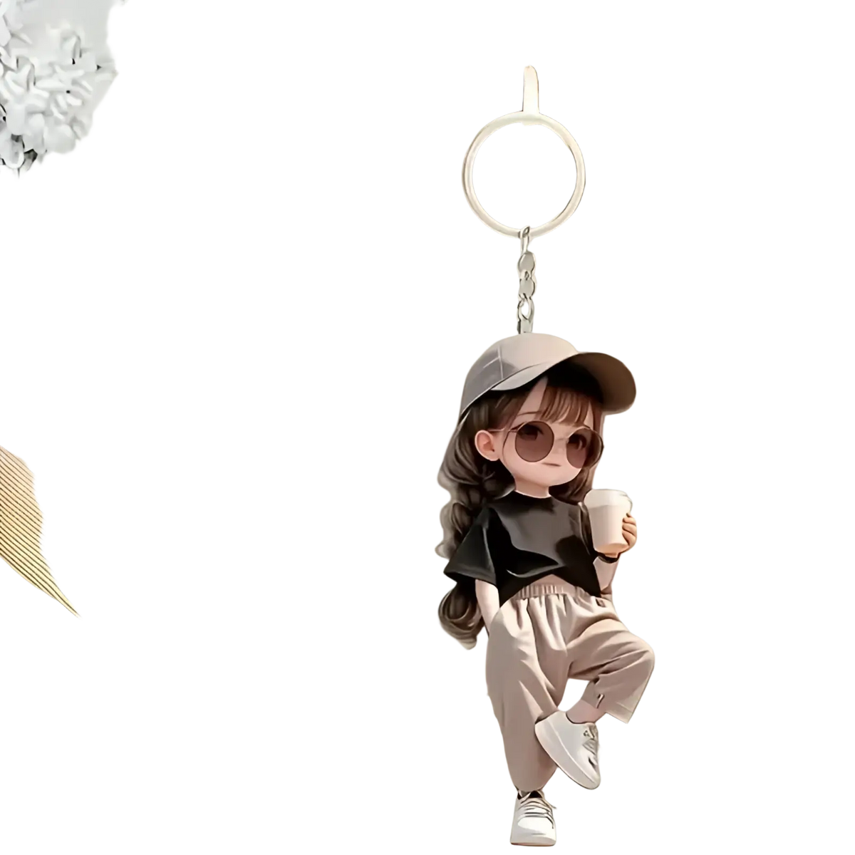 Cute acrylic girl keychain cartoon pendant featuring a girl with a gray cap, round sunglasses, black top, beige pants, and white sneakers