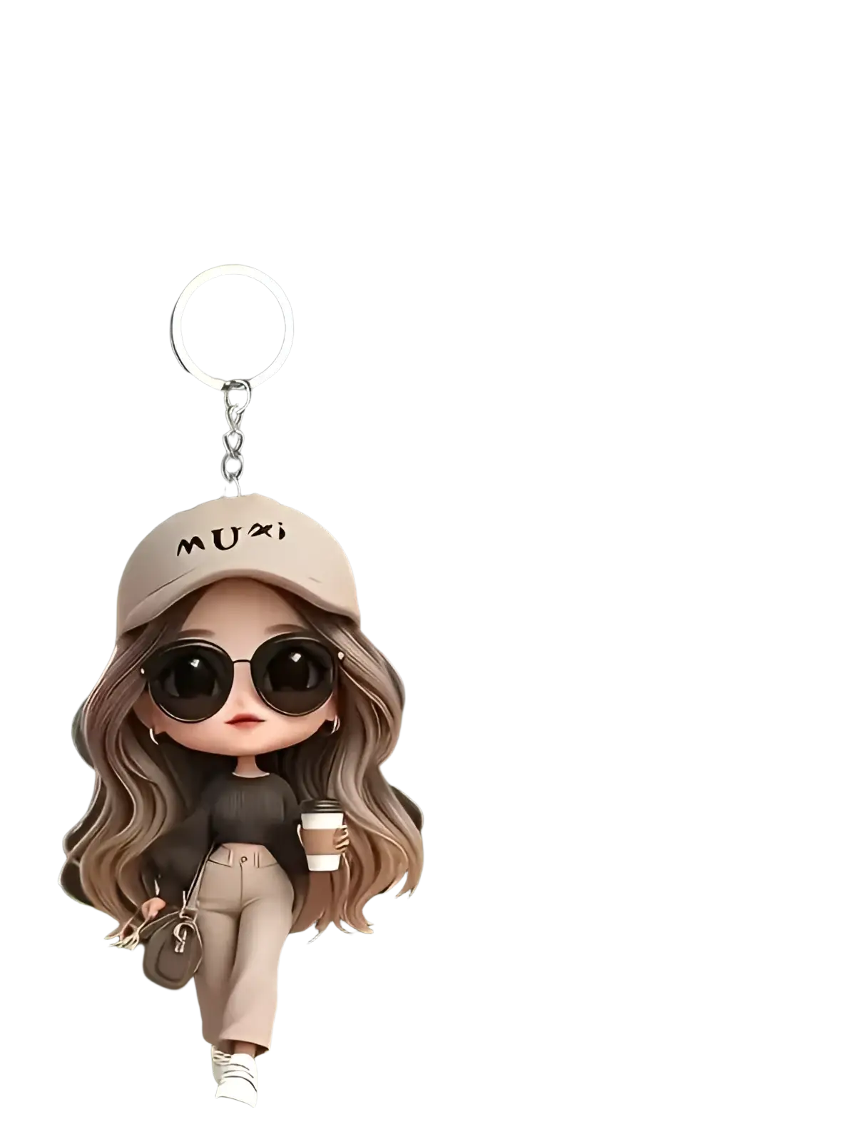 Beige 2d acrylic cute cartoon girl keychain featuring stylized girl with sunglasses cap and coffee cup pendant
