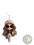 Beige 2d acrylic cute cartoon girl keychain featuring stylized girl with sunglasses cap and coffee cup pendant