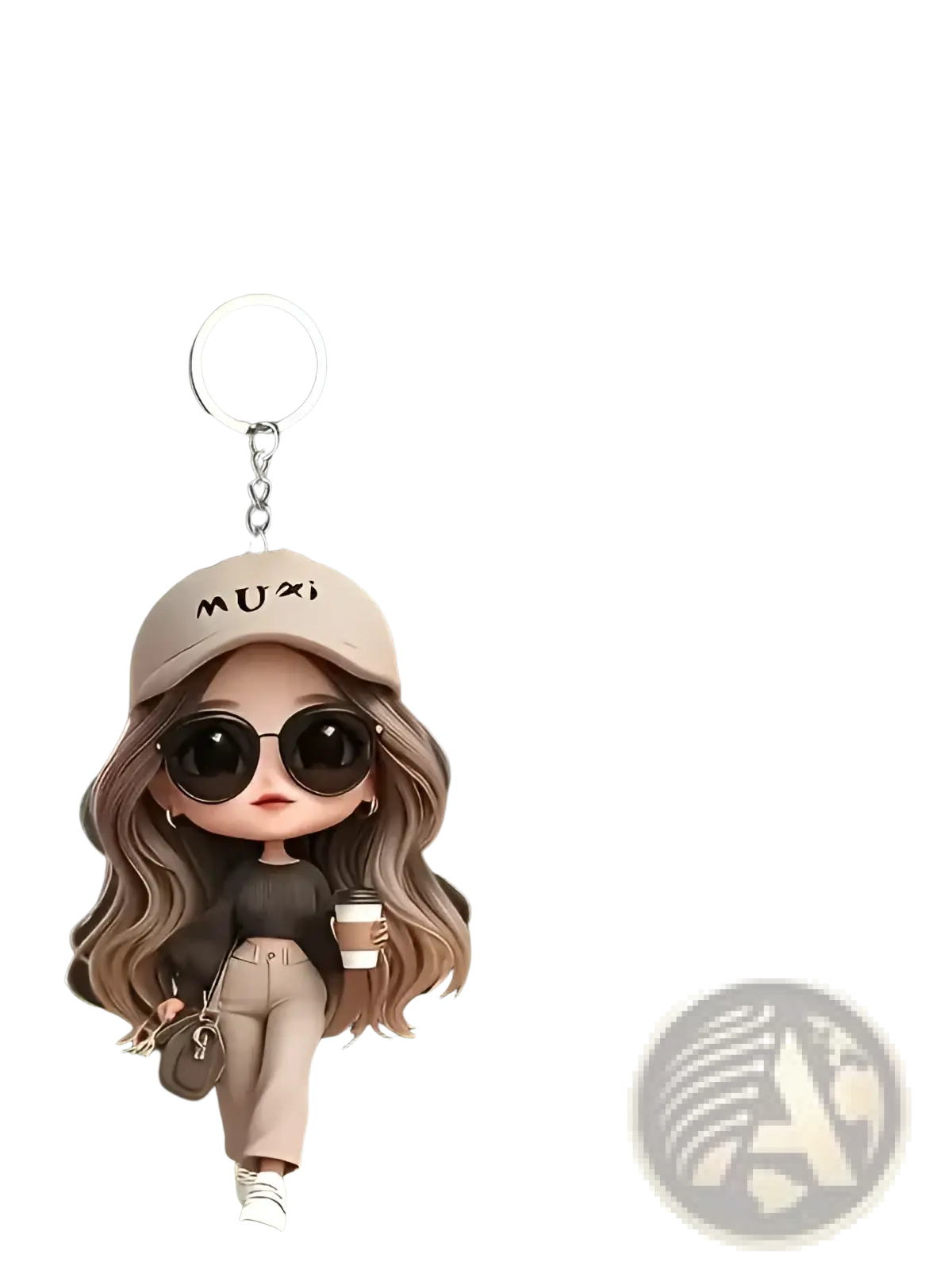 Beige 2d acrylic cute cartoon girl keychain featuring stylized girl with sunglasses cap and coffee cup pendant