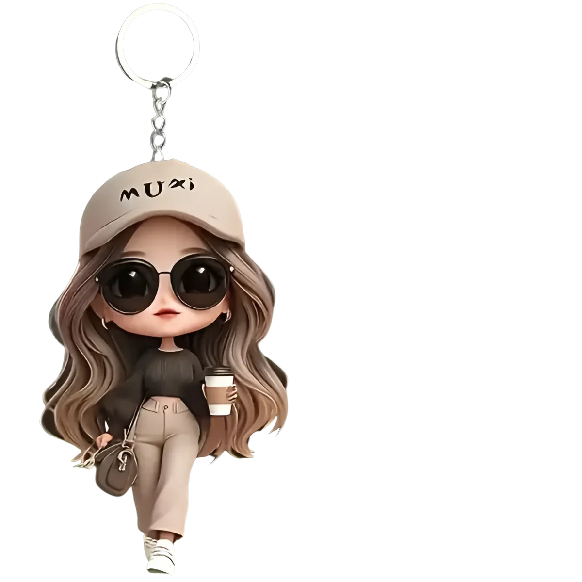 Beige cap with muzi embroidery worn by chibi acrylic girl keychain holding coffee cup and small bag pendant