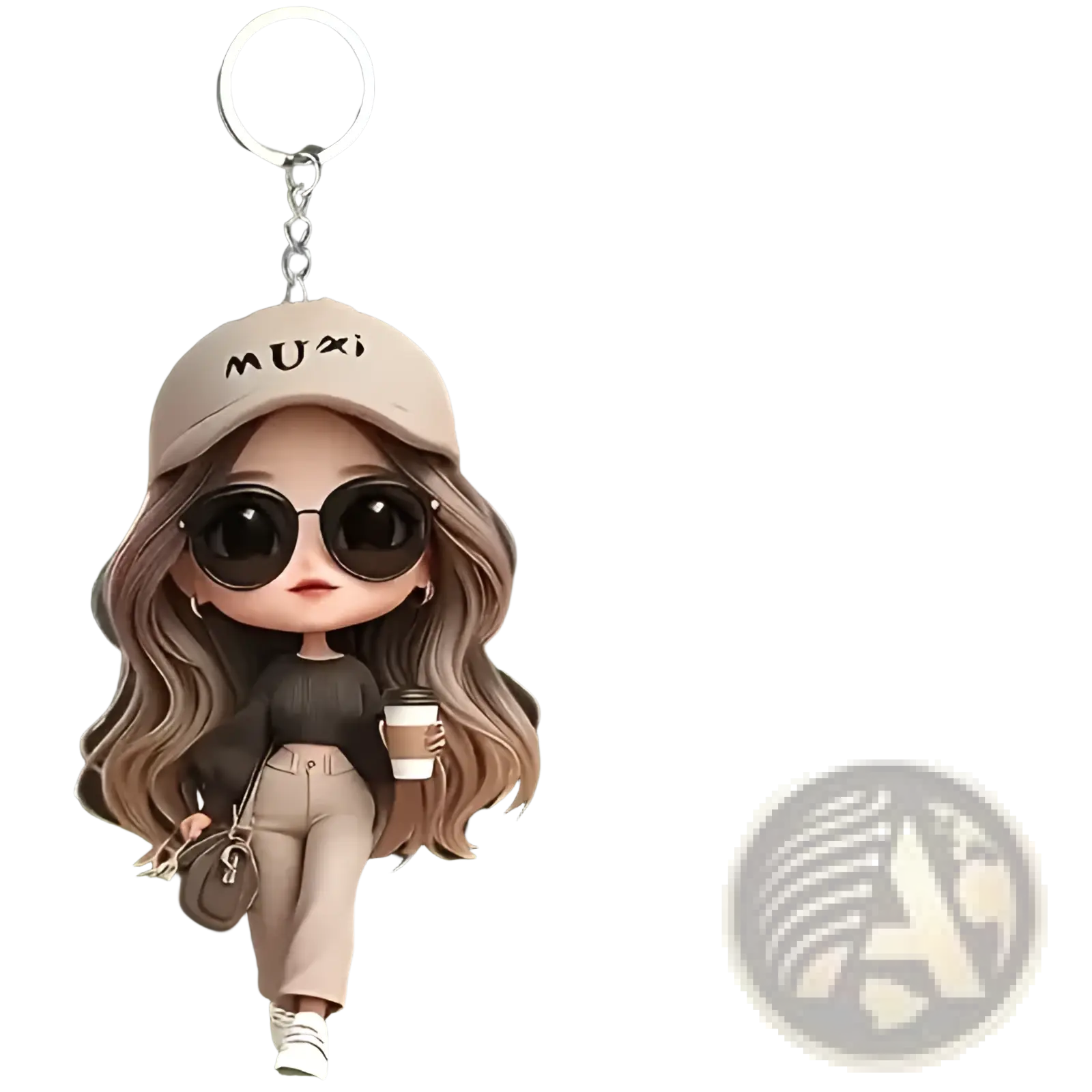 Beige cap with muzi embroidery worn by chibi acrylic girl keychain holding coffee cup and small bag pendant