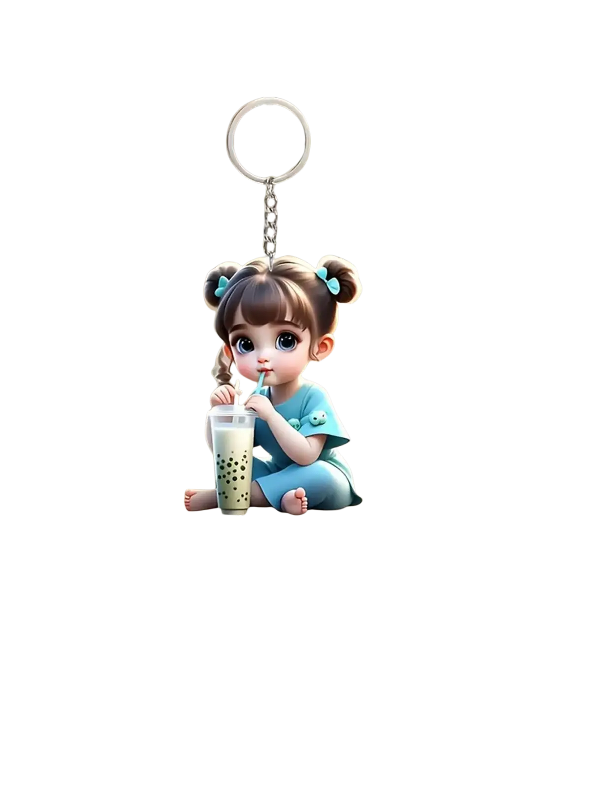 A cute acrylic blue girl keychain pendant with pigtails holding a bubble tea cup and a straw in cartoon style