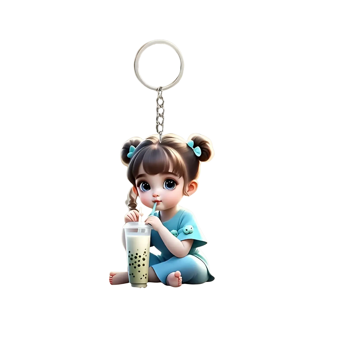 A cute acrylic blue cartoon girl keychain with pigtails holding a bubble tea cup pendant