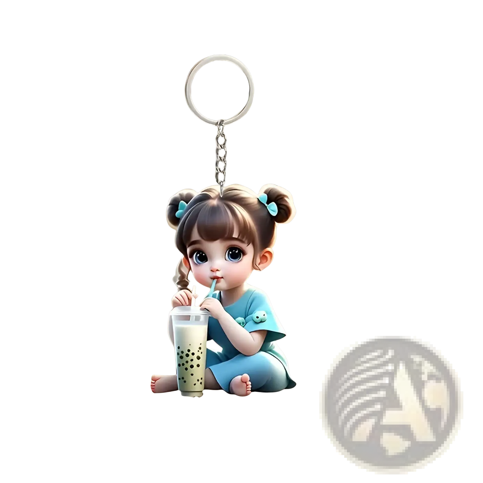 A cute acrylic blue cartoon girl keychain with pigtails holding a bubble tea cup pendant