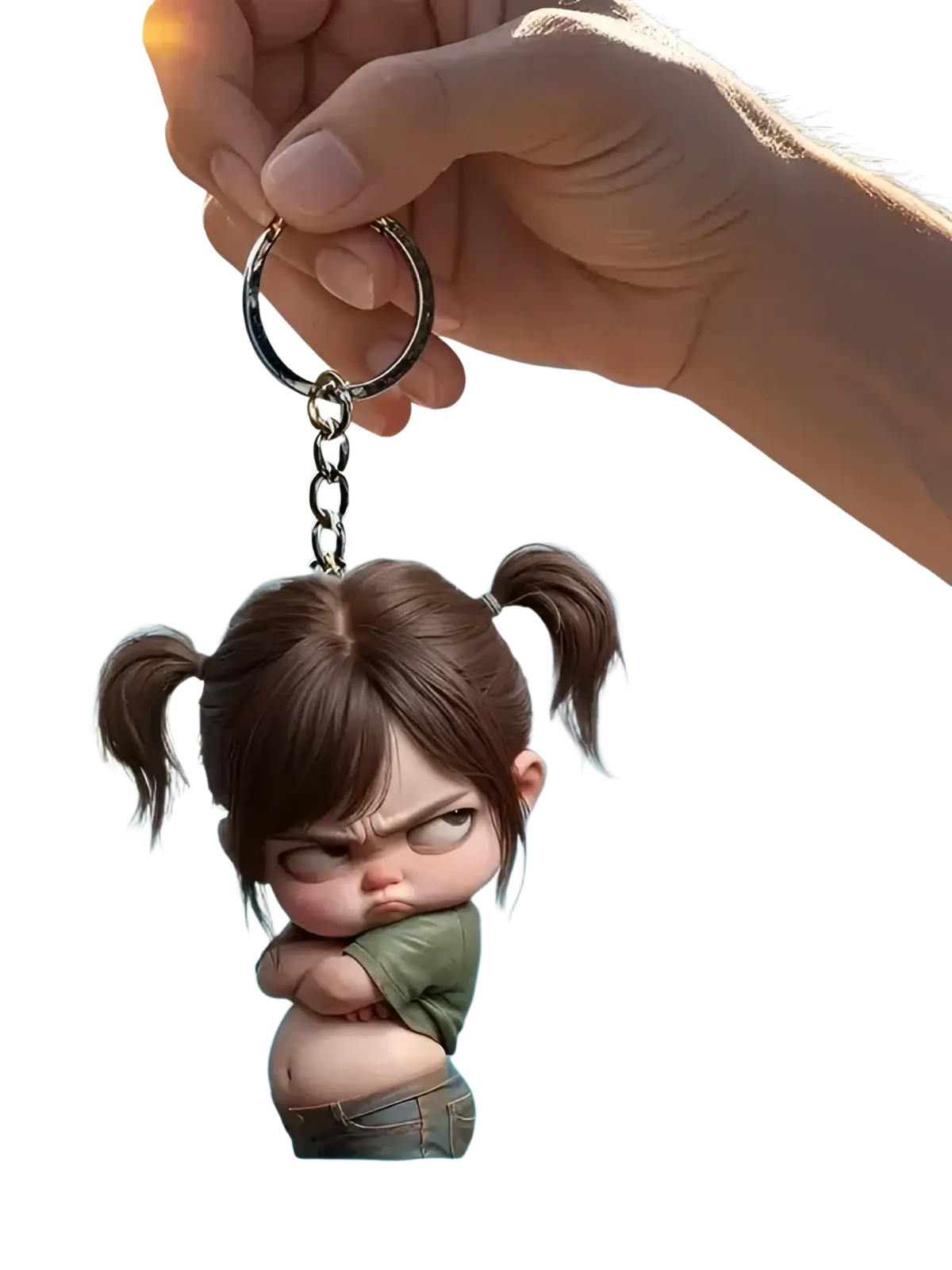 Cute acrylic girl keychain featuring a cartoon pendant with brown pigtails and green shirt hanging from a silver ring