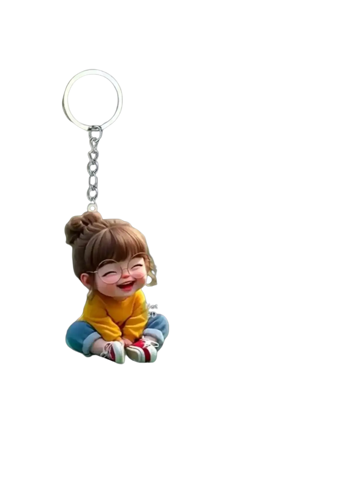 A cheerful 2d acrylic flat keychain featuring a smiling girl with brown hair, glasses, and a yellow top