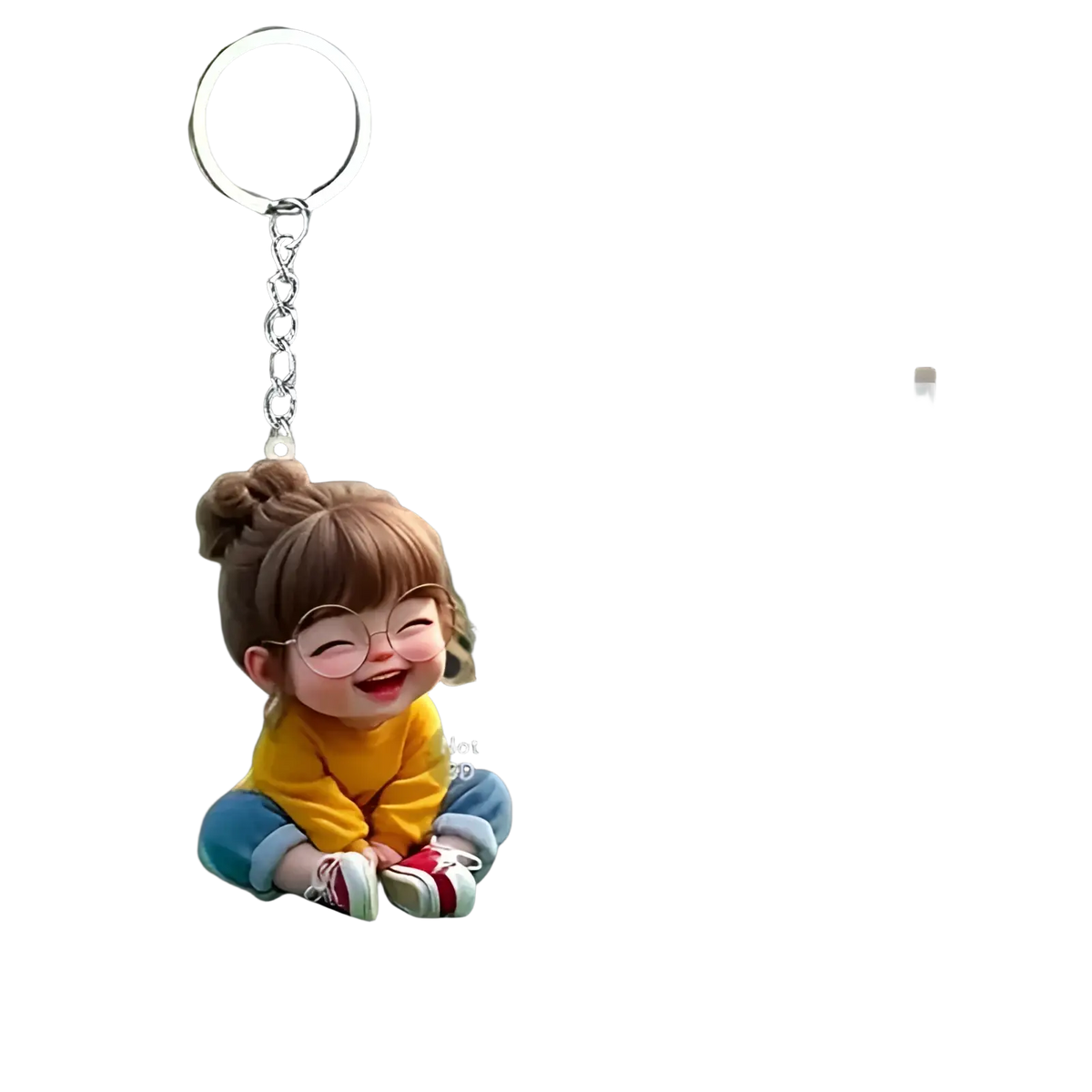 Cute acrylic girl keychain featuring a cheerful cartoon girl with brown hair bun, round glasses, yellow top, and blue pants