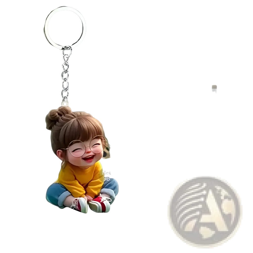 Cute acrylic girl keychain featuring a cheerful cartoon girl with brown hair bun, round glasses, yellow top, and blue pants