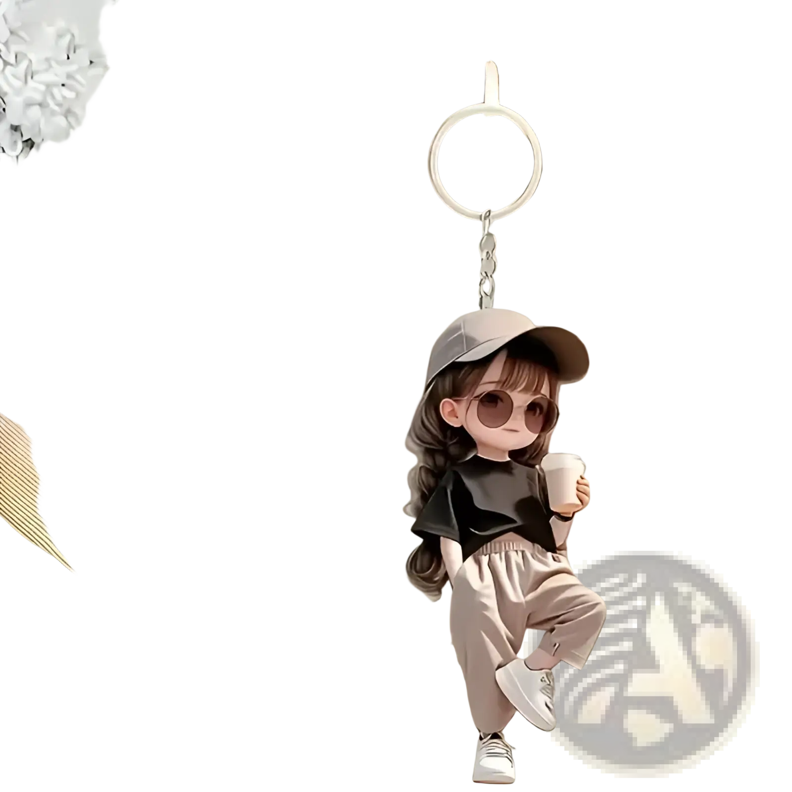 Cute acrylic girl keychain cartoon pendant featuring a girl with a gray cap, round sunglasses, black top, beige pants, and white sneakers
