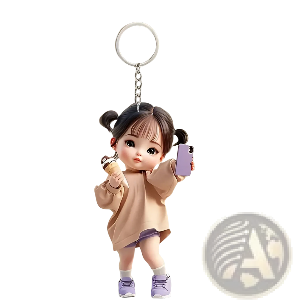 Cute acrylic girl keychain cartoon pendant featuring a pigtail girl in beige sweater and purple shorts holding ice cream and phone