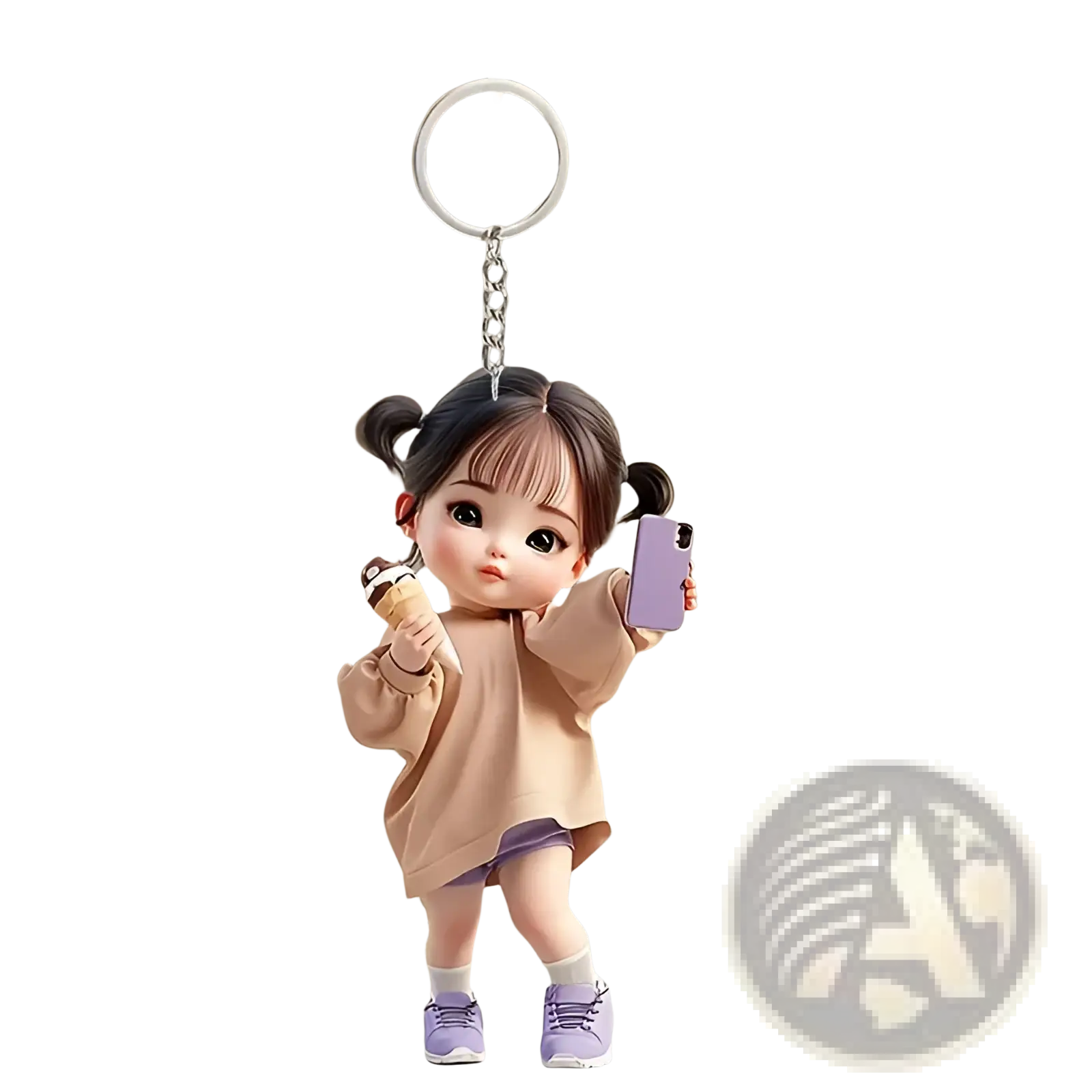 Cute acrylic girl keychain cartoon pendant featuring a pigtail girl in beige sweater and purple shorts holding ice cream and phone