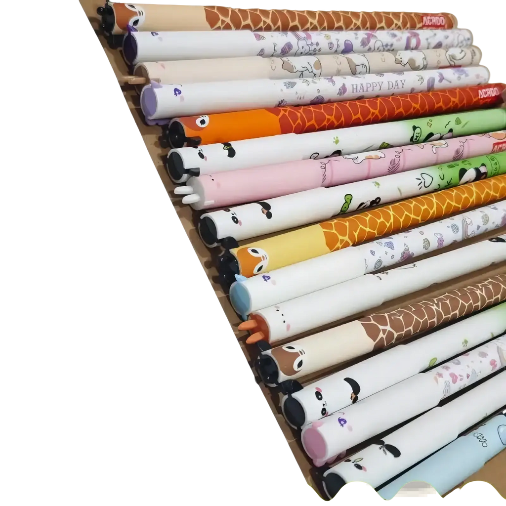 A set of ten colorful cute animal erasable gel pens with cartoon designs and vibrant pastel patterns