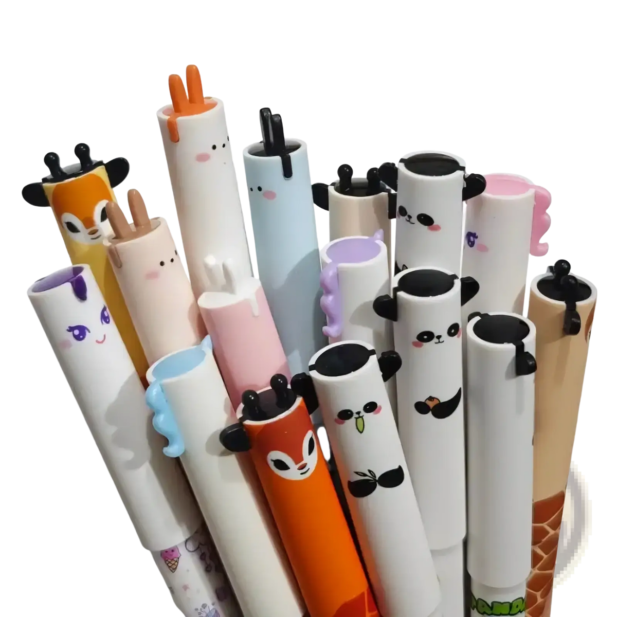 Cute animal erasable gel pens set with pastel and vibrant colors featuring panda deer giraffe and rabbit cap designs