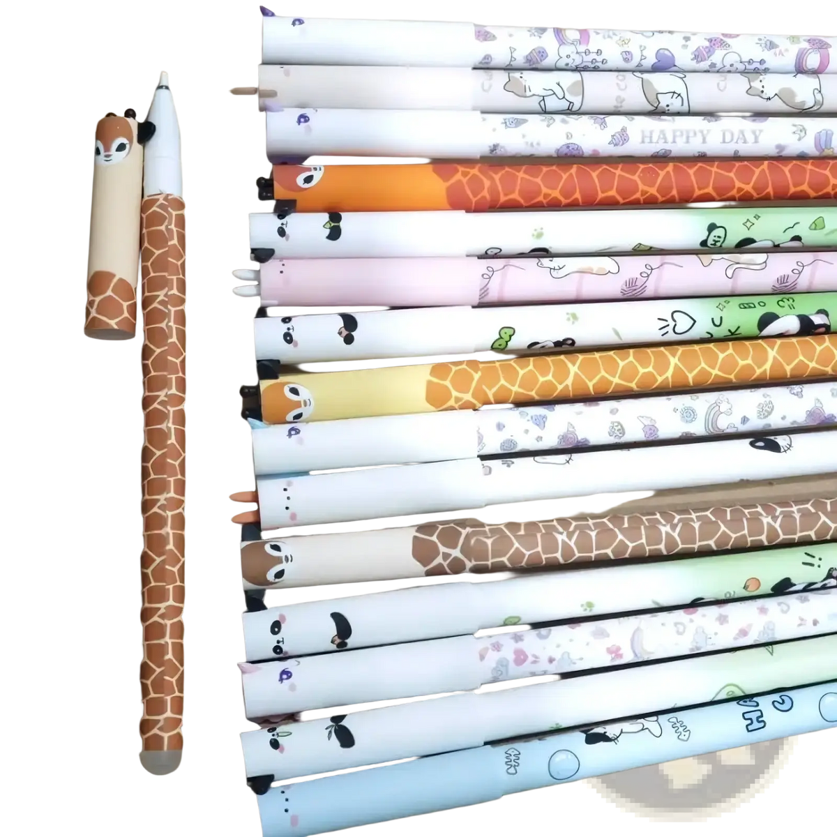 A set of colorful cartoon-themed erasable gel pens featuring giraffe and panda designs for cute animal lovers