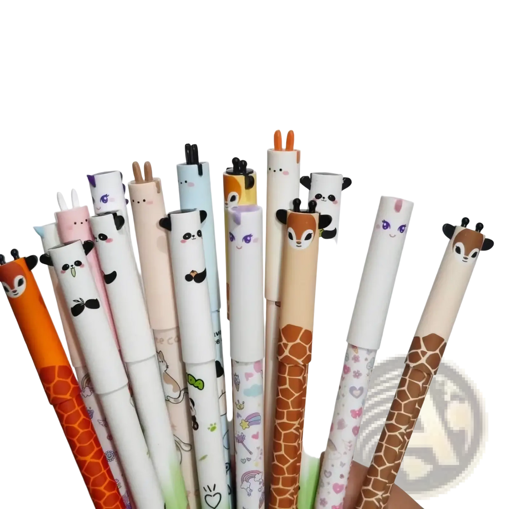 Cute animal erasable gel pens set featuring pastel and earthy gel pens with giraffe panda deer and rabbit designs