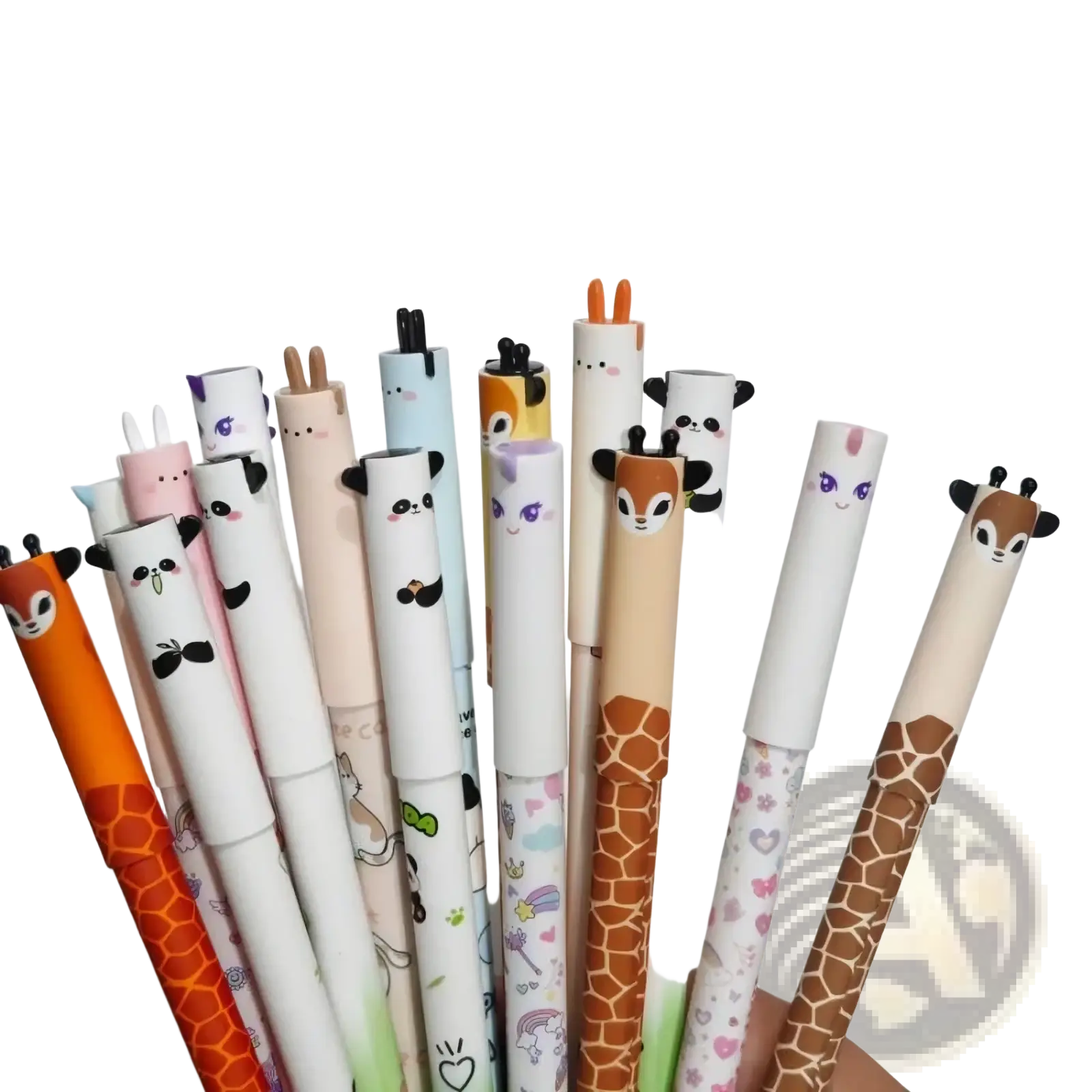 Cute animal erasable gel pens set featuring pastel and earthy gel pens with giraffe panda deer and rabbit designs
