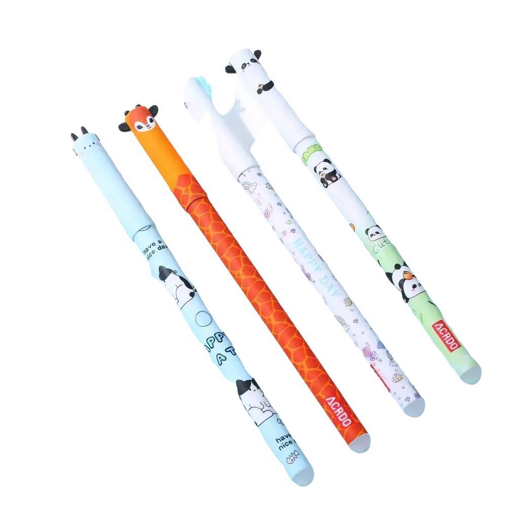 Set of four colorful cartoon-themed erasable gel pens with animal designs on plastic barrels with white caps