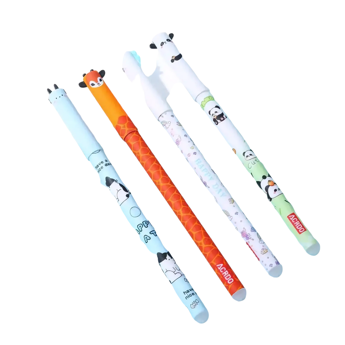 Set of four colorful cartoon-themed erasable gel pens with animal designs on plastic barrels with white caps