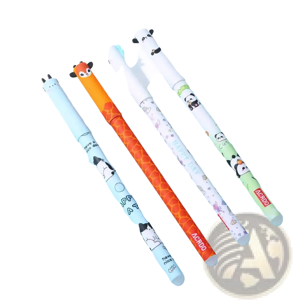 Set of four colorful cartoon-themed erasable gel pens with animal designs on plastic barrels with white caps