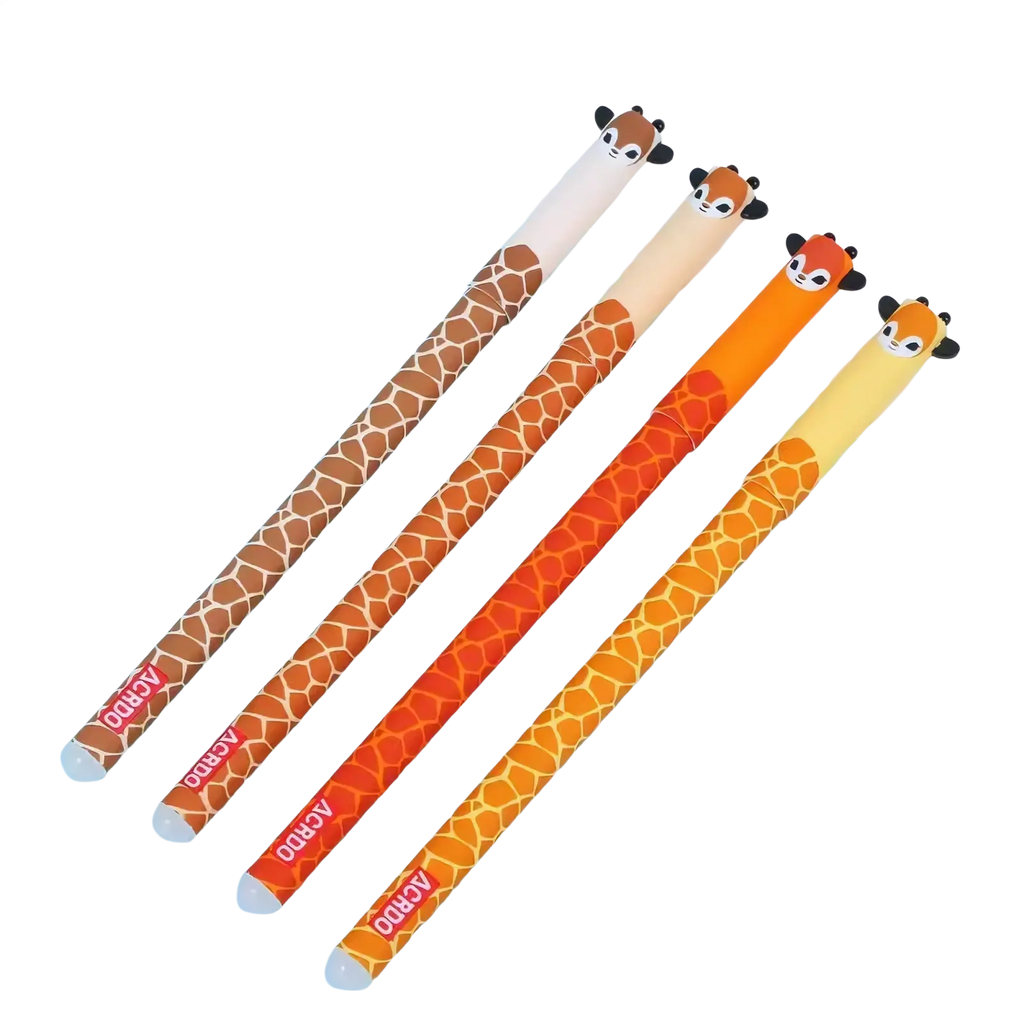 Four giraffe-themed erasable gel pens with gradient orange and brown patterns and animal head caps for writing
