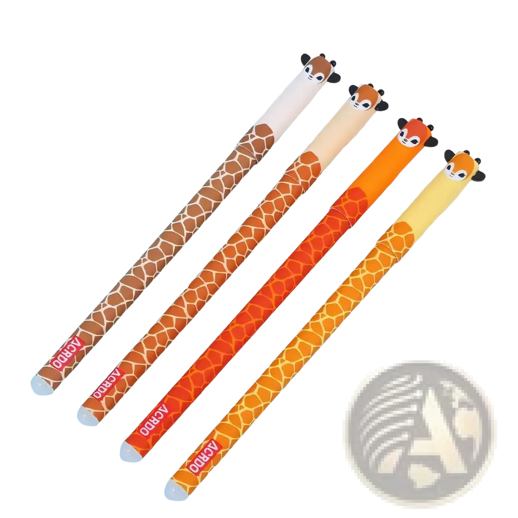 Four giraffe-themed erasable gel pens with gradient orange and brown patterns and animal head caps for writing