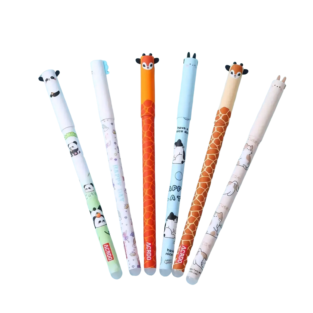 Set of six colorful cute animal erasable gel pens featuring cartoon pandas and giraffes in pastel and vibrant hues