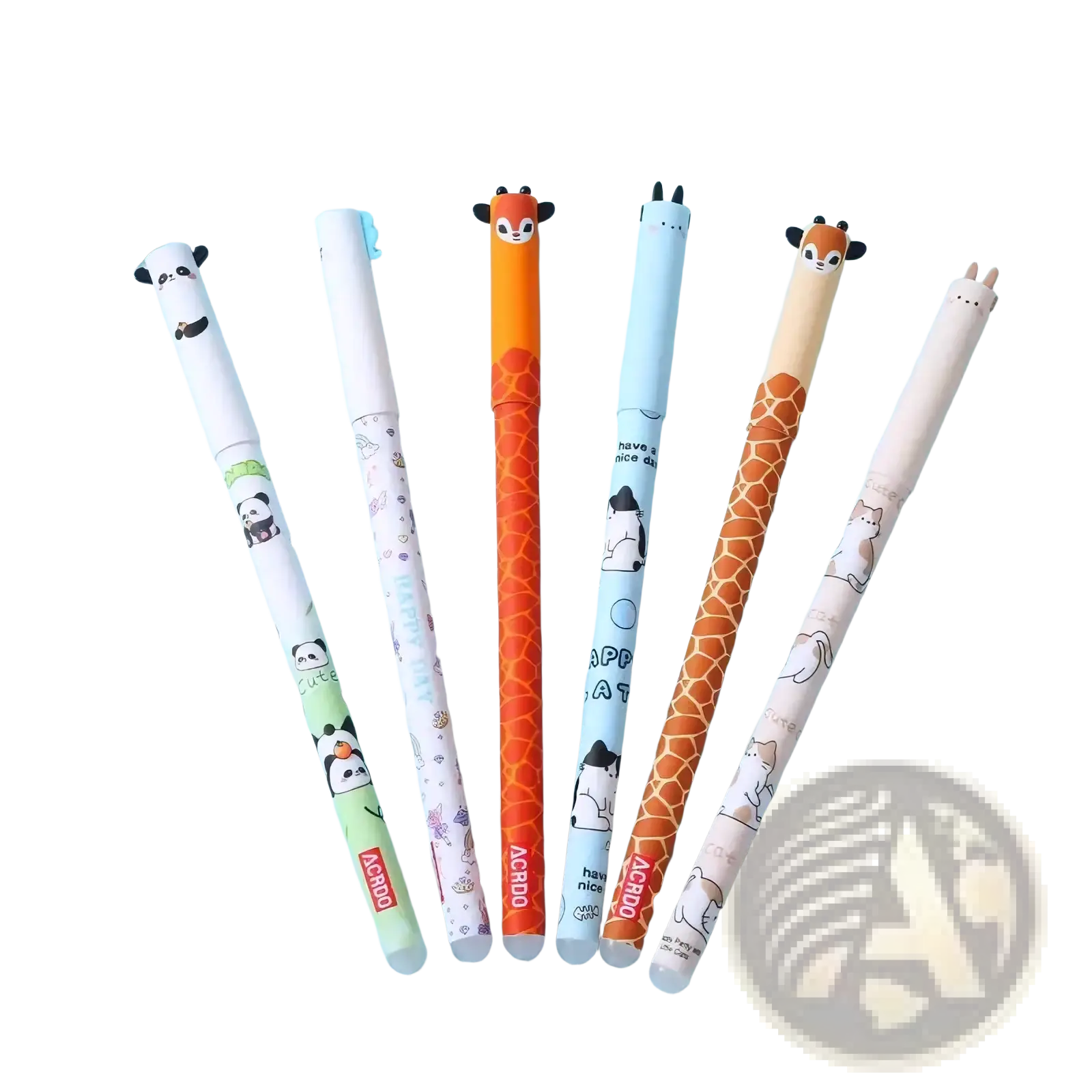 Set of six colorful cute animal erasable gel pens featuring cartoon pandas and giraffes in pastel and vibrant hues