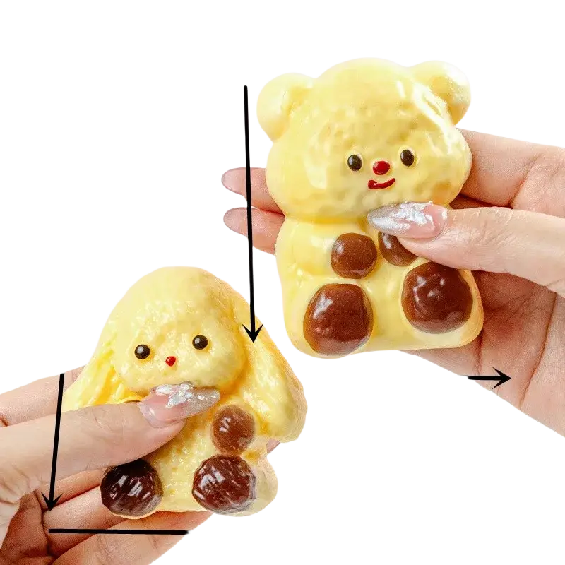 Yellow bear-shaped squishy toy with brown accents and red nose for sensory fidget stress relief and anxiety reduction