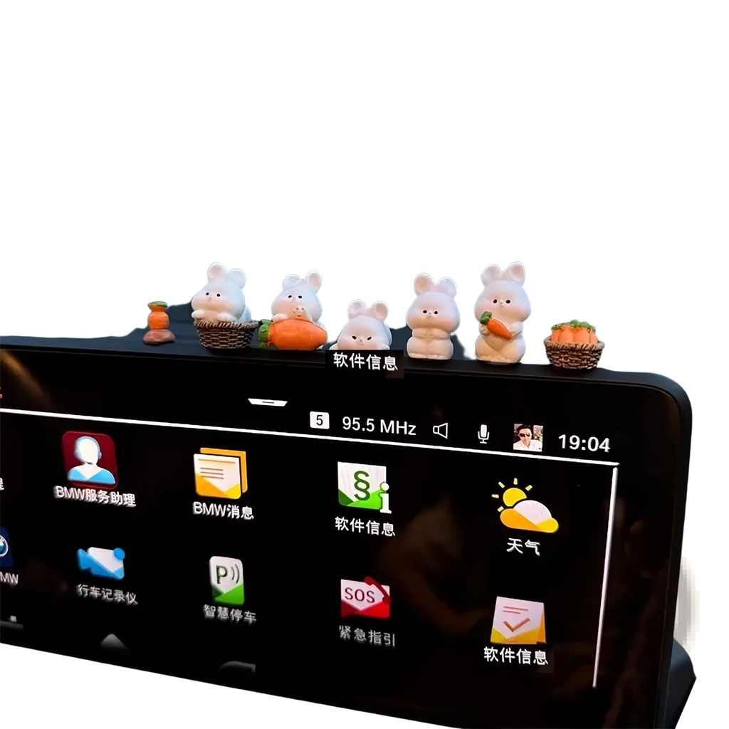 A row of five white cute bunny car dashboard ornaments with tiny baskets and carrots as decorations