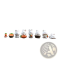 A row of white cute bunny car dashboard ornaments featuring various carrot-themed accessories in ceramic material