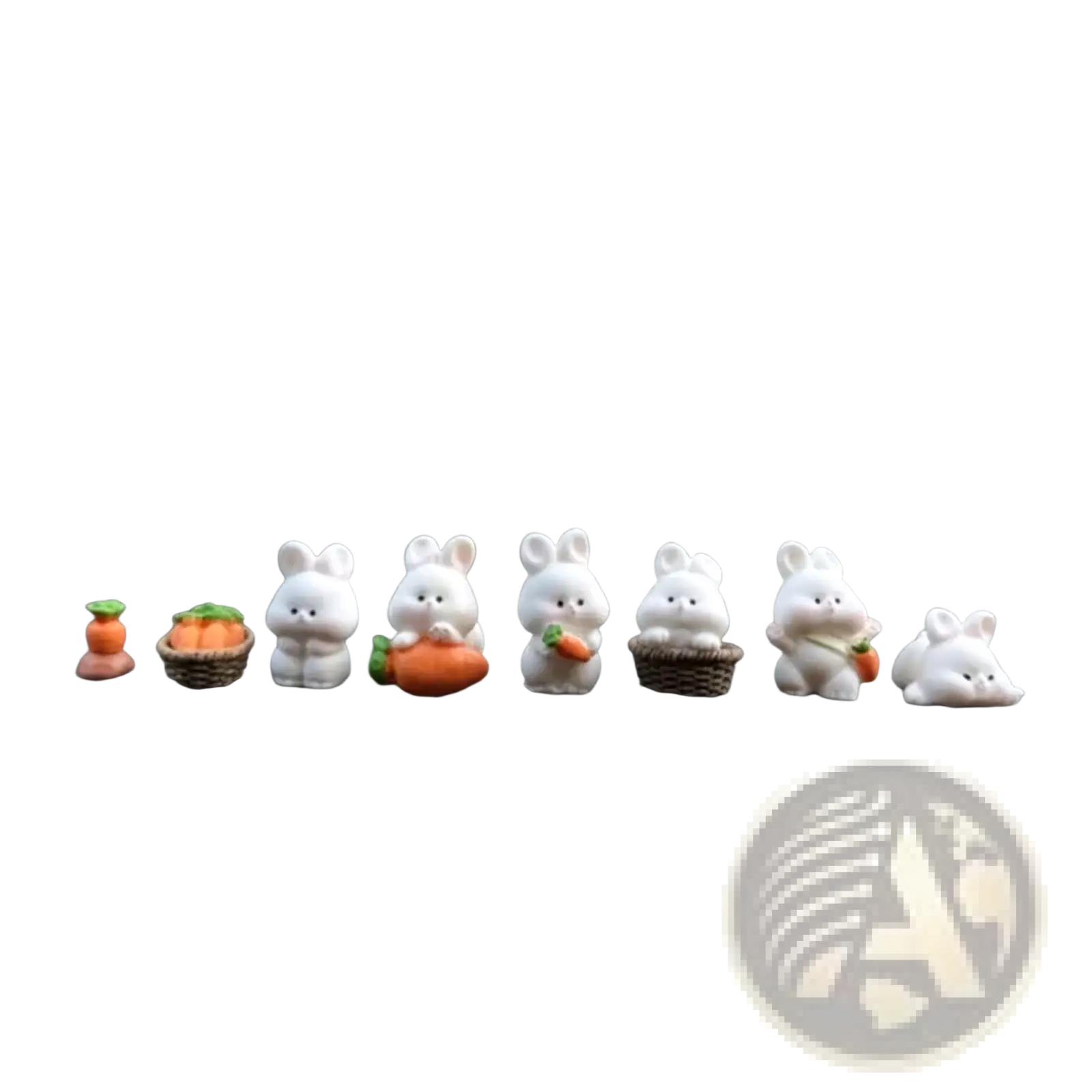 A row of white cute bunny car dashboard ornaments featuring various carrot-themed accessories in ceramic material