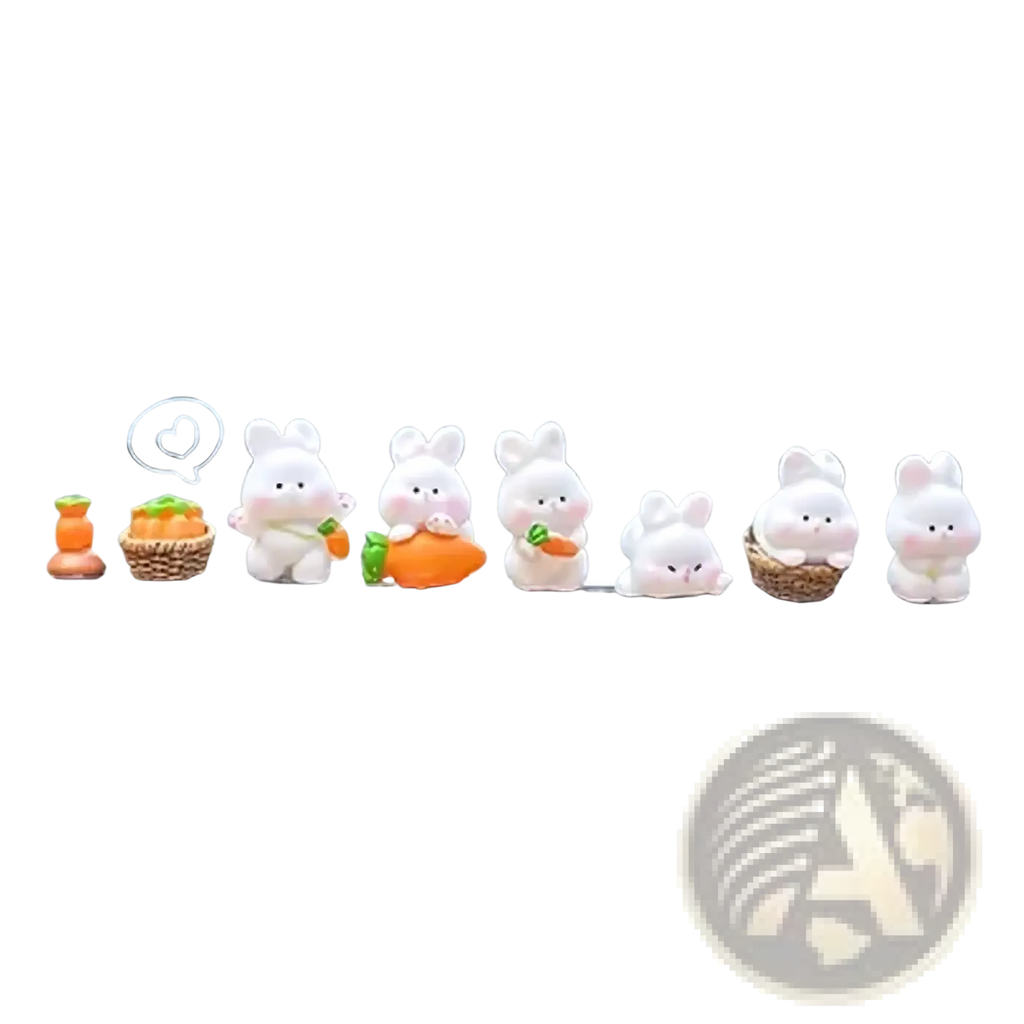 A set of six cute white plastic bunny car dashboard ornaments with distinct poses and accessories