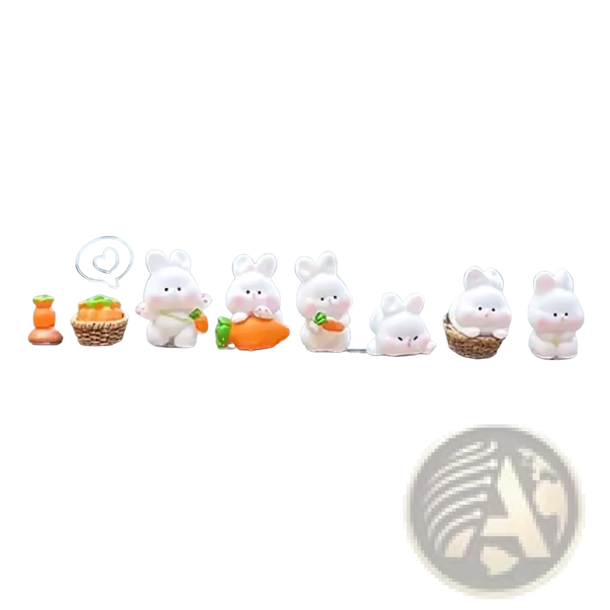 A set of six cute white plastic bunny car dashboard ornaments with distinct poses and accessories