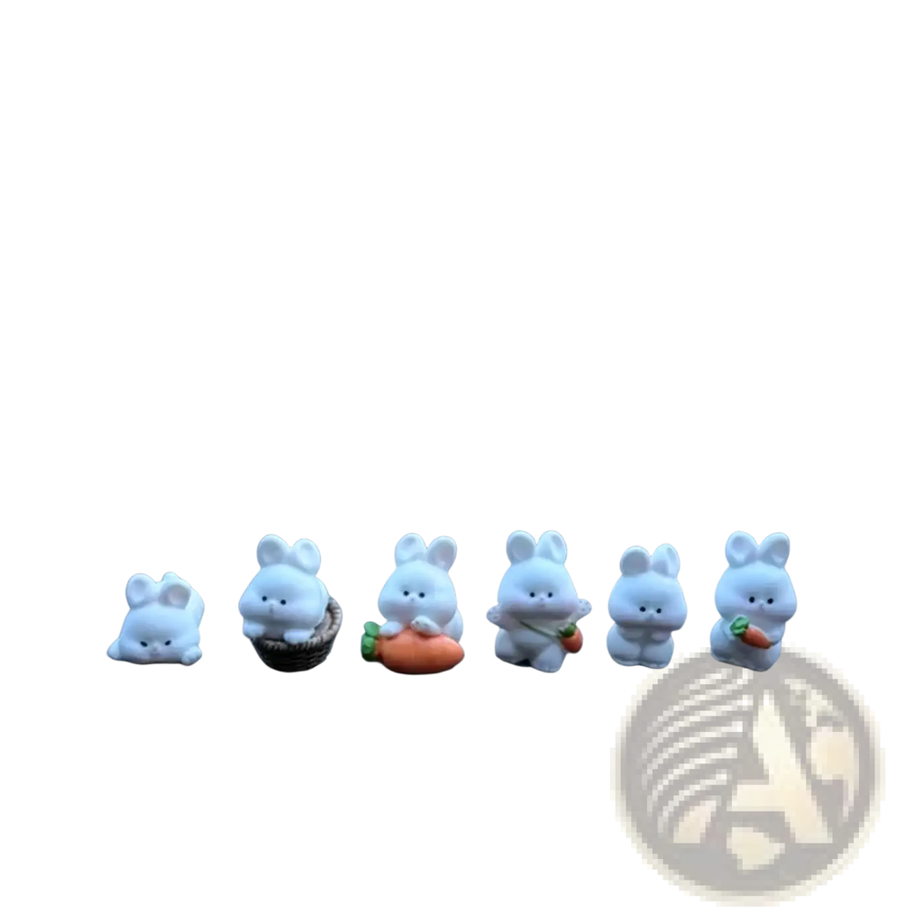 A set of six white resin cute bunny car dashboard ornaments with unique poses and tiny carrot and basket accessories