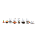 A row of white cute bunny car dashboard ornaments featuring various carrot-themed accessories in ceramic material
