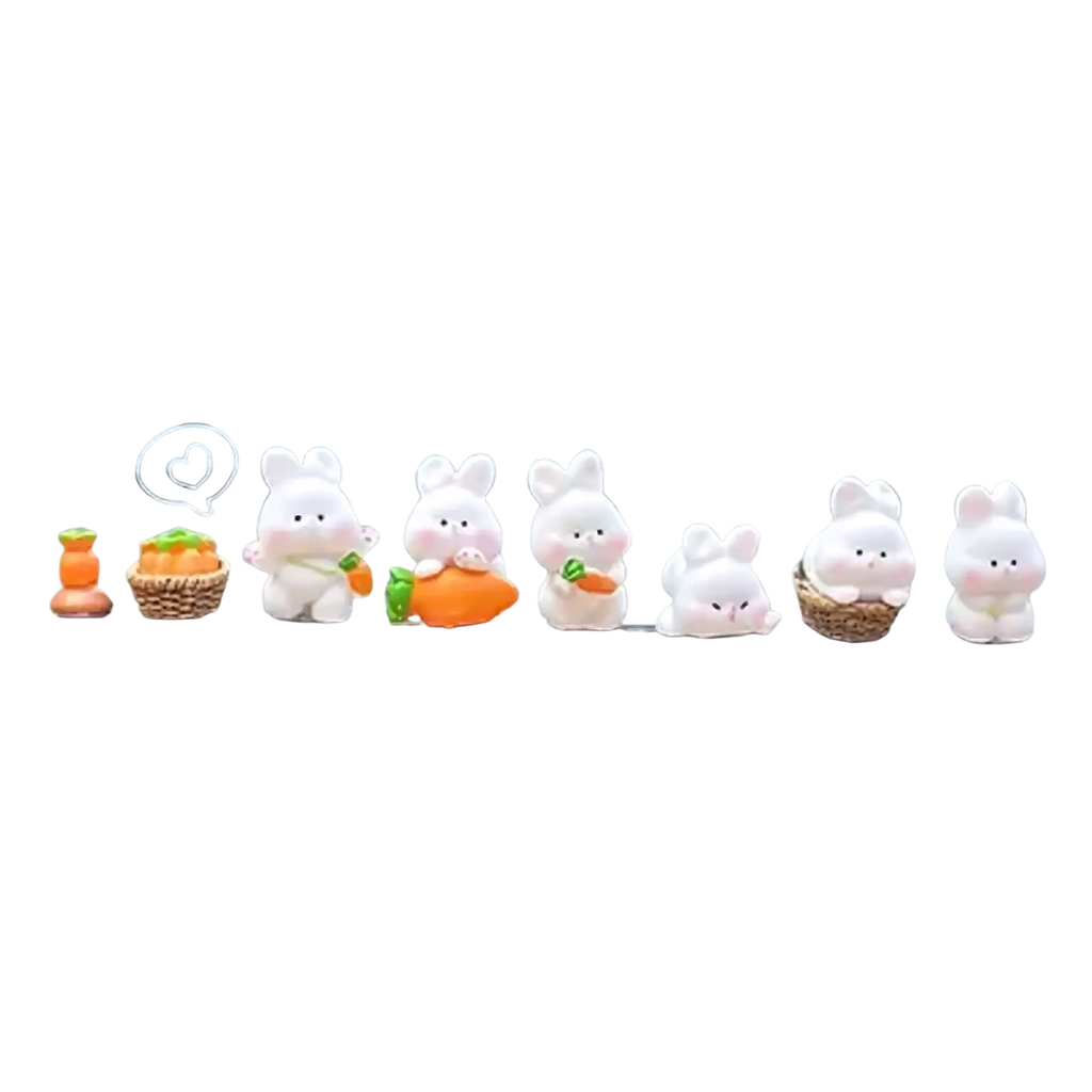 A set of six cute white plastic bunny car dashboard ornaments with distinct poses and accessories