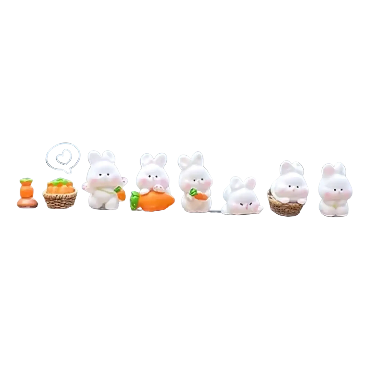 A set of six cute white plastic bunny car dashboard ornaments with distinct poses and accessories