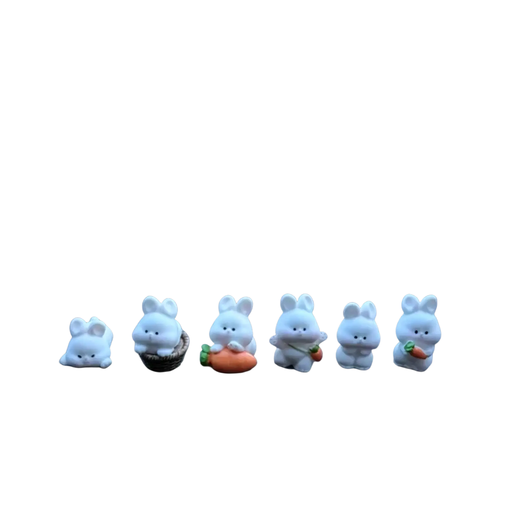 A set of six white resin cute bunny car dashboard ornaments with unique poses and tiny carrot and basket accessories