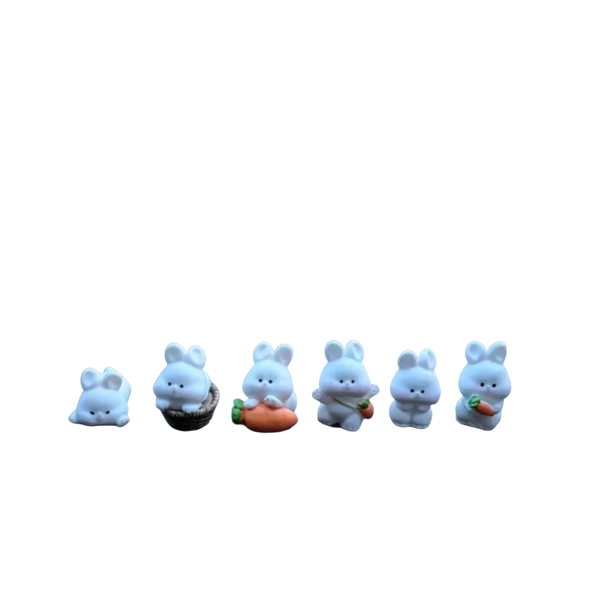 A set of six white resin cute bunny car dashboard ornaments with unique poses and tiny carrot and basket accessories