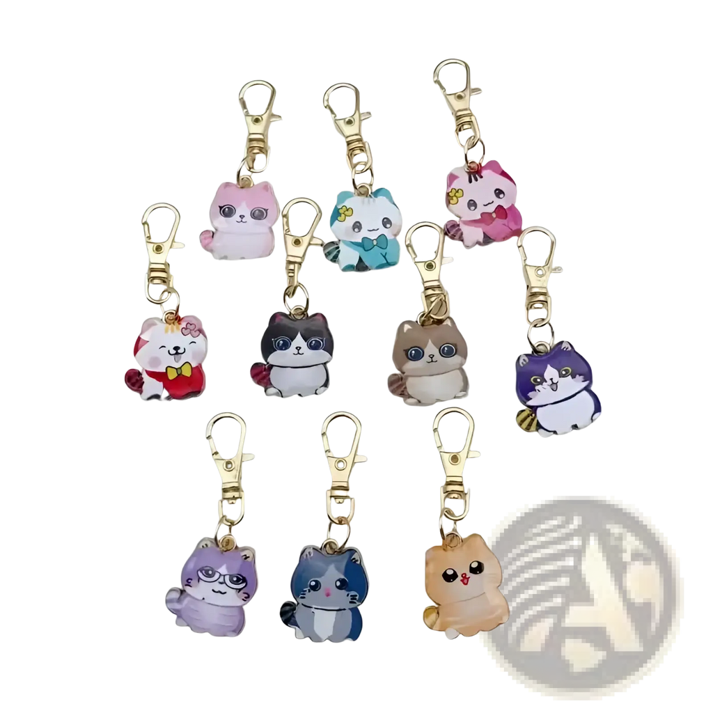 A collection of colorful cartoon alloy cat keychains with gold-toned metal clasps for adorable charm accessories