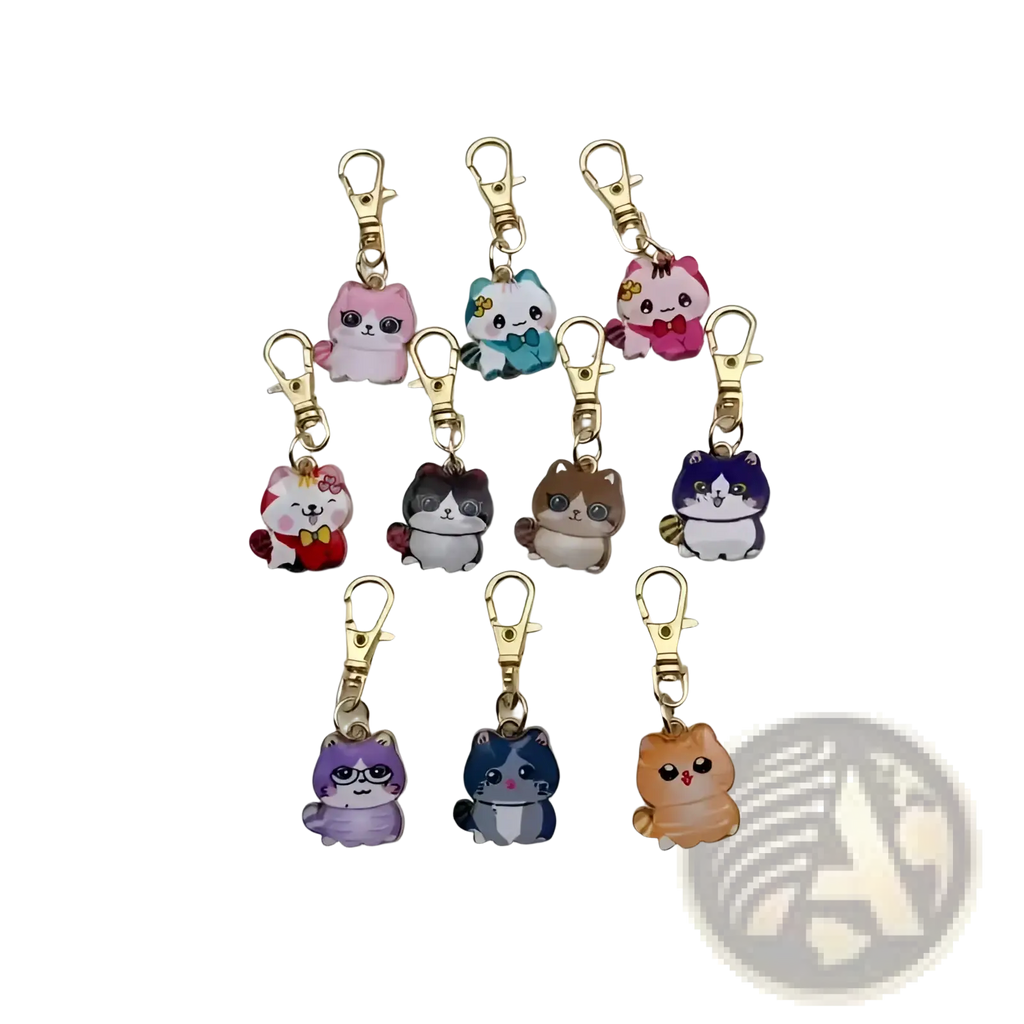 A set of colorful cartoon cat keychains with gold-toned alloy clasps for cute charm accessories