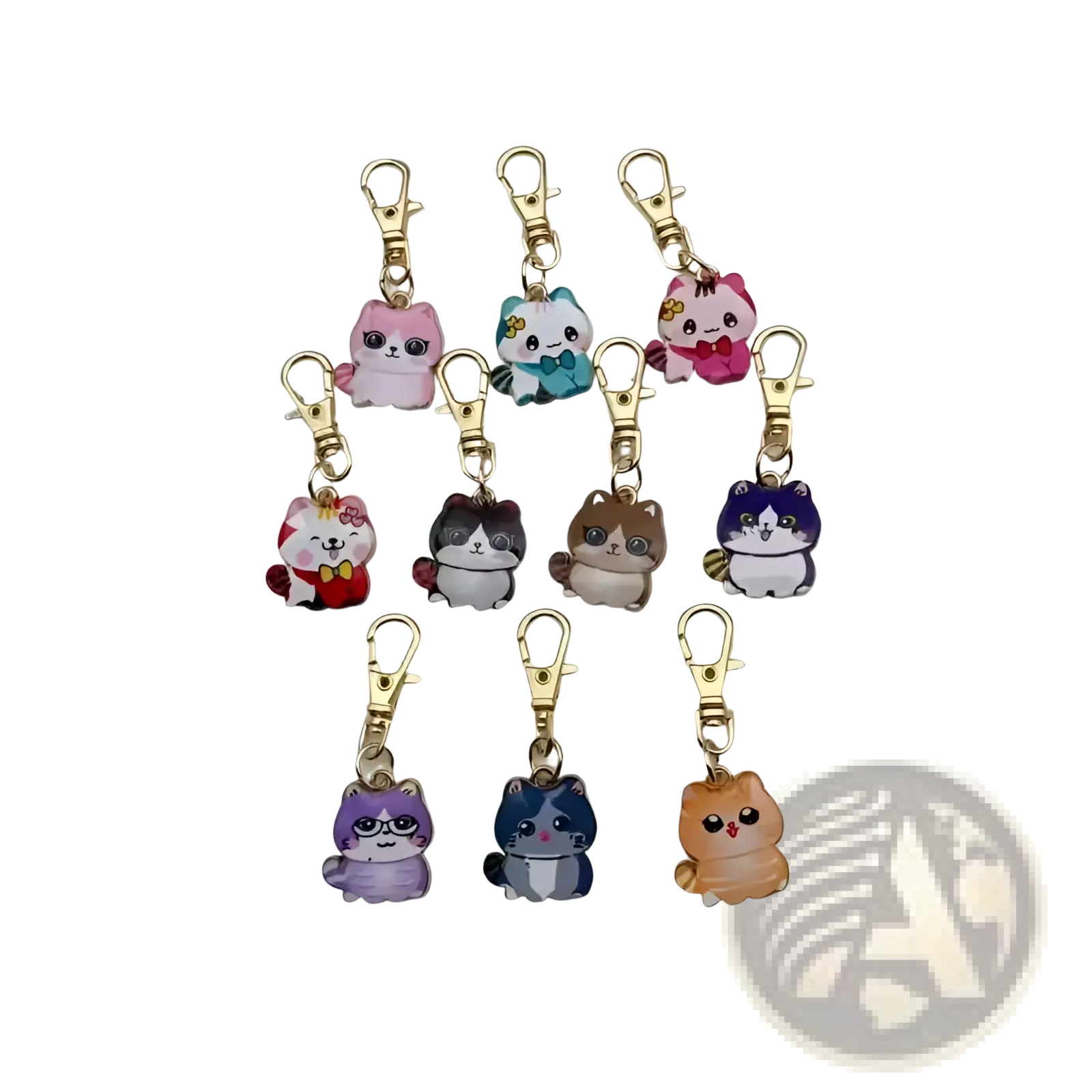 A set of colorful cartoon cat keychains with gold-toned alloy clasps for cute charm accessories