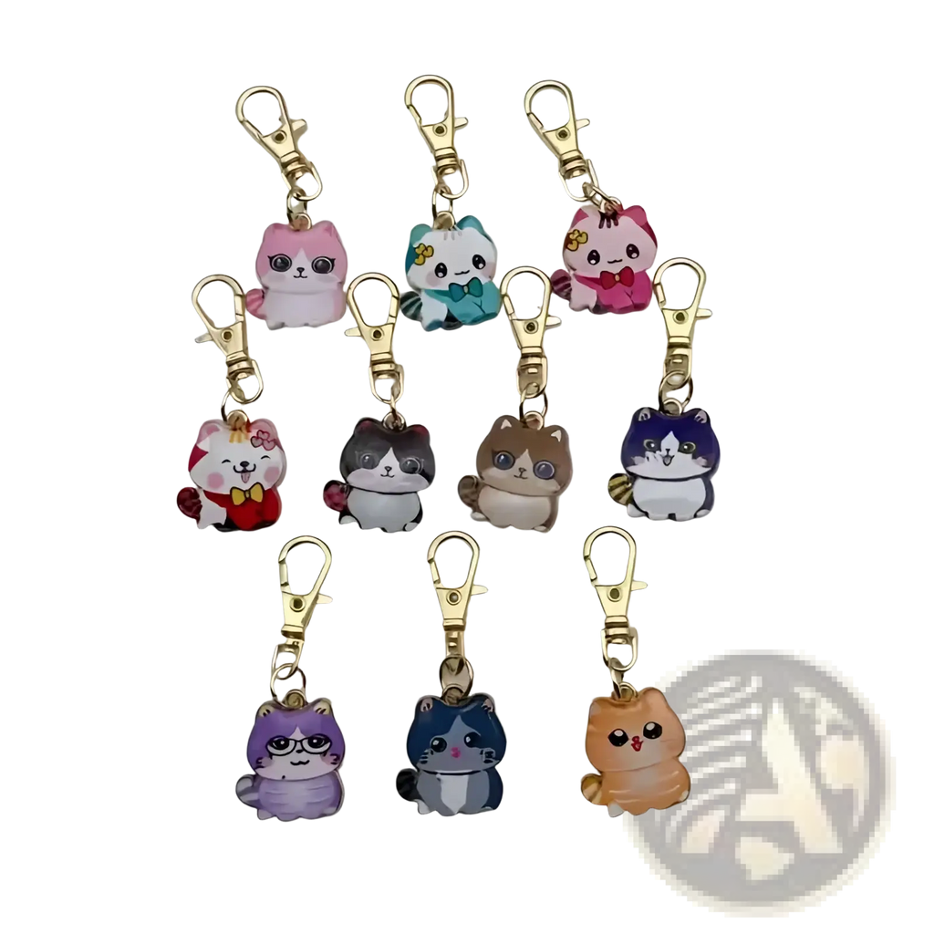 Cute cat keychains set featuring colorful glossy resin bodies with gold-toned alloy clasps and cartoon charm designs